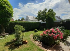 FeWo Mering Garten mit Sichtschutz Hecke Bäumen Blumenbeet Rosen